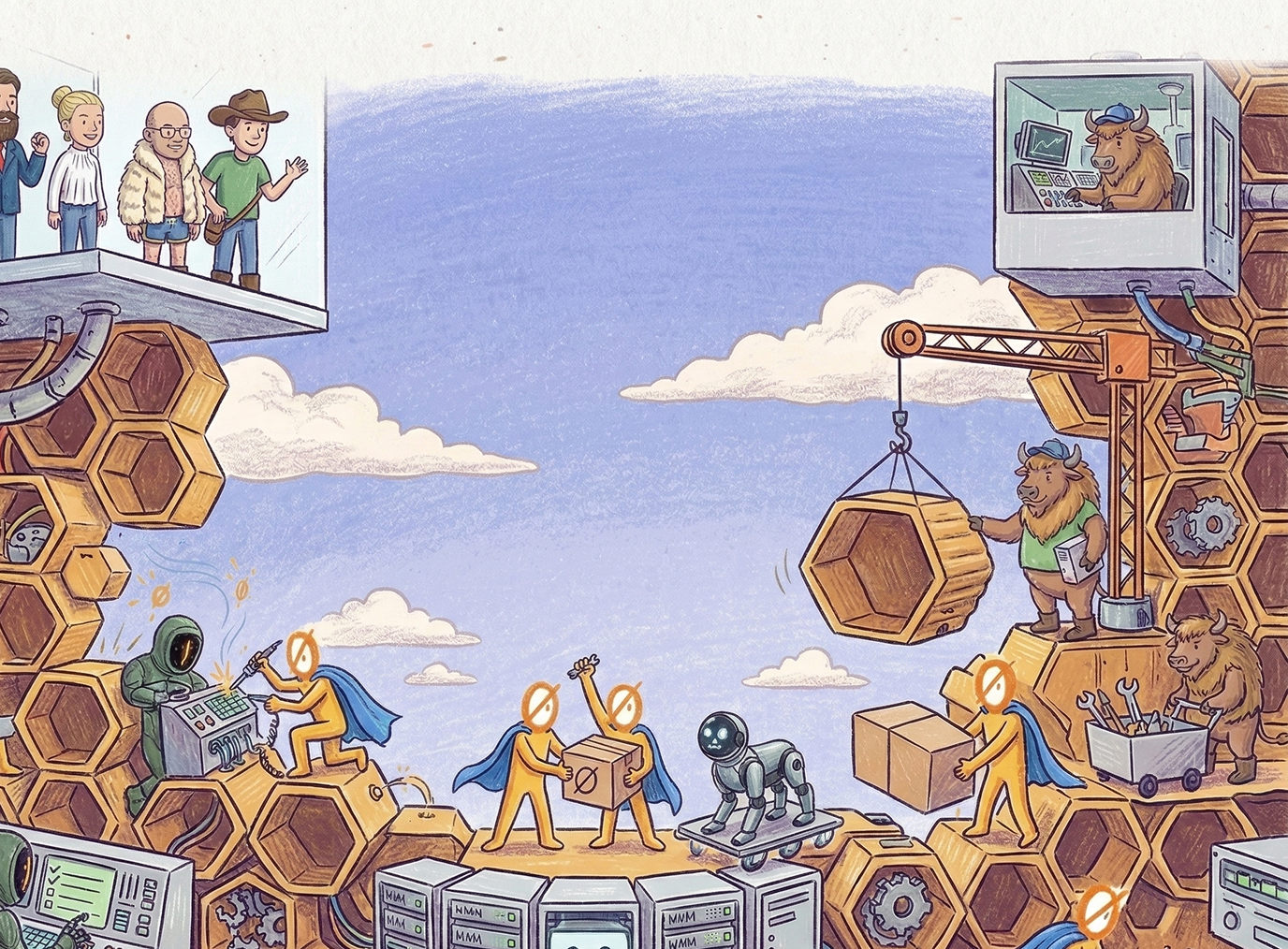 Illustrated pricing scene with bee-themed marketplace